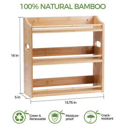 Bambition Bamboo Spice Rack Organizer, 3 Tier Spice Storage Rack with Handles, Wood Seasoning Jars Shelf for Kitchen Counter, Pantry or Wall Mounting