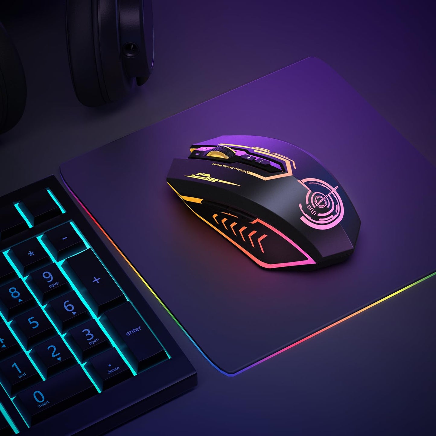 UHURU Wireless Gaming Mouse Up to 12000 DPI, Rechargeable USB-C Wireless Mouse with 7 Buttons 7 Dynamic LED Color Ergonomic Programmable MMO RPG for PC Laptop, Compatible with Windows Mac