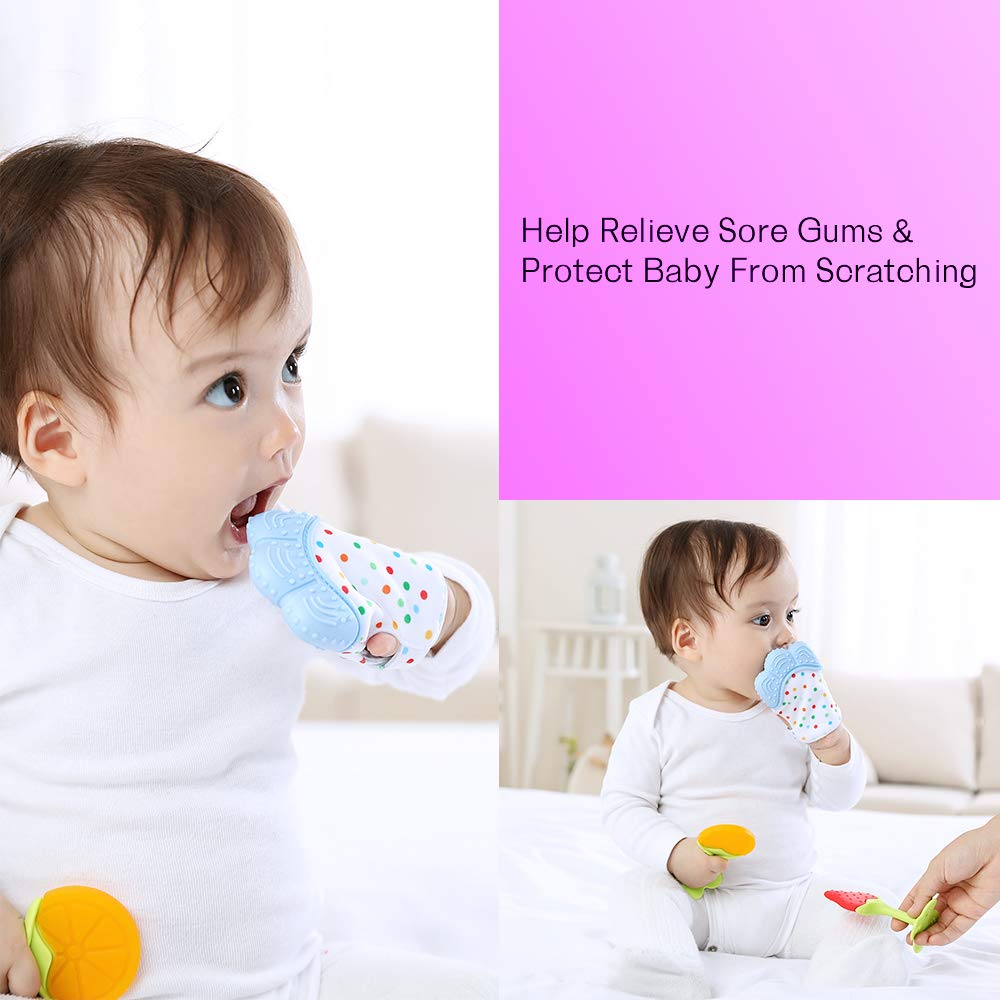 Teething Mittens for Baby (2 Pack) with Baby Teething Toys (3 Pack), Self Soothing Pain Relief Mitt, Silicone Teethers, BPA-Free, Natural Organic Freezer Safe for Infants and Toddlers