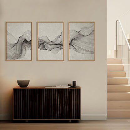 Aurlan Large Black Beige Neutral Abstract Framed Canvas Wall Art Set, Modern Black Wave Lines Wall Decor,Minimalist Smoke Ink Shapes Artwork for Living Room,Bedroom,Office-24 x36 x3