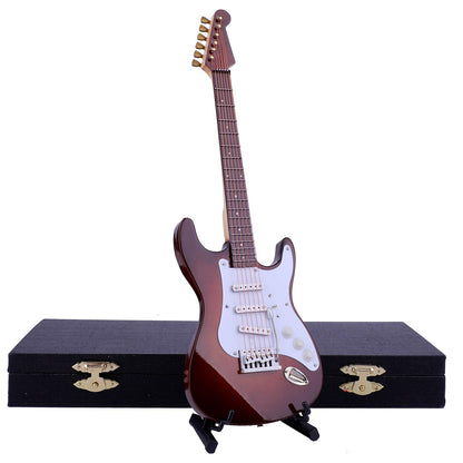 Dselvgvu Wooden Miniature Electric Guitar with Stand and Case Mini Musical Instrument Electric Guitar Replica Collectible Figurines Model Home Decoration Display Ornament (Brown, 9.45"x3.03"x0.63")