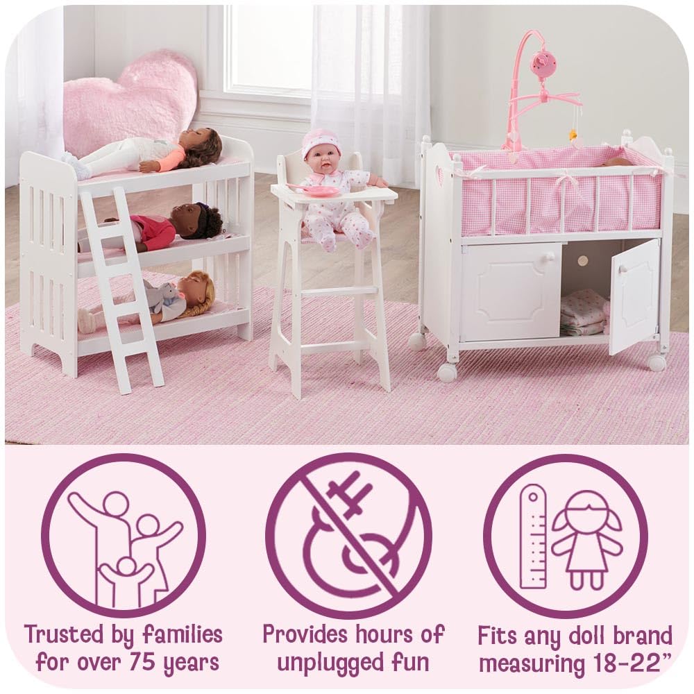 Badger Basket Doll Bunk Bed with Ladder and Bedding – Stylish White & Rose Design for 18 to 20-Inch Dolls with Pillows and Blankets