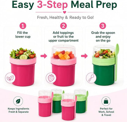 27oz Reusable Yogurt Parfait & Overnight Oats Cups – 100% Leakproof with Lid & Spoon, 4-Pack for Meal Prep, Breakfast & Gym Lunch(Pink,Green