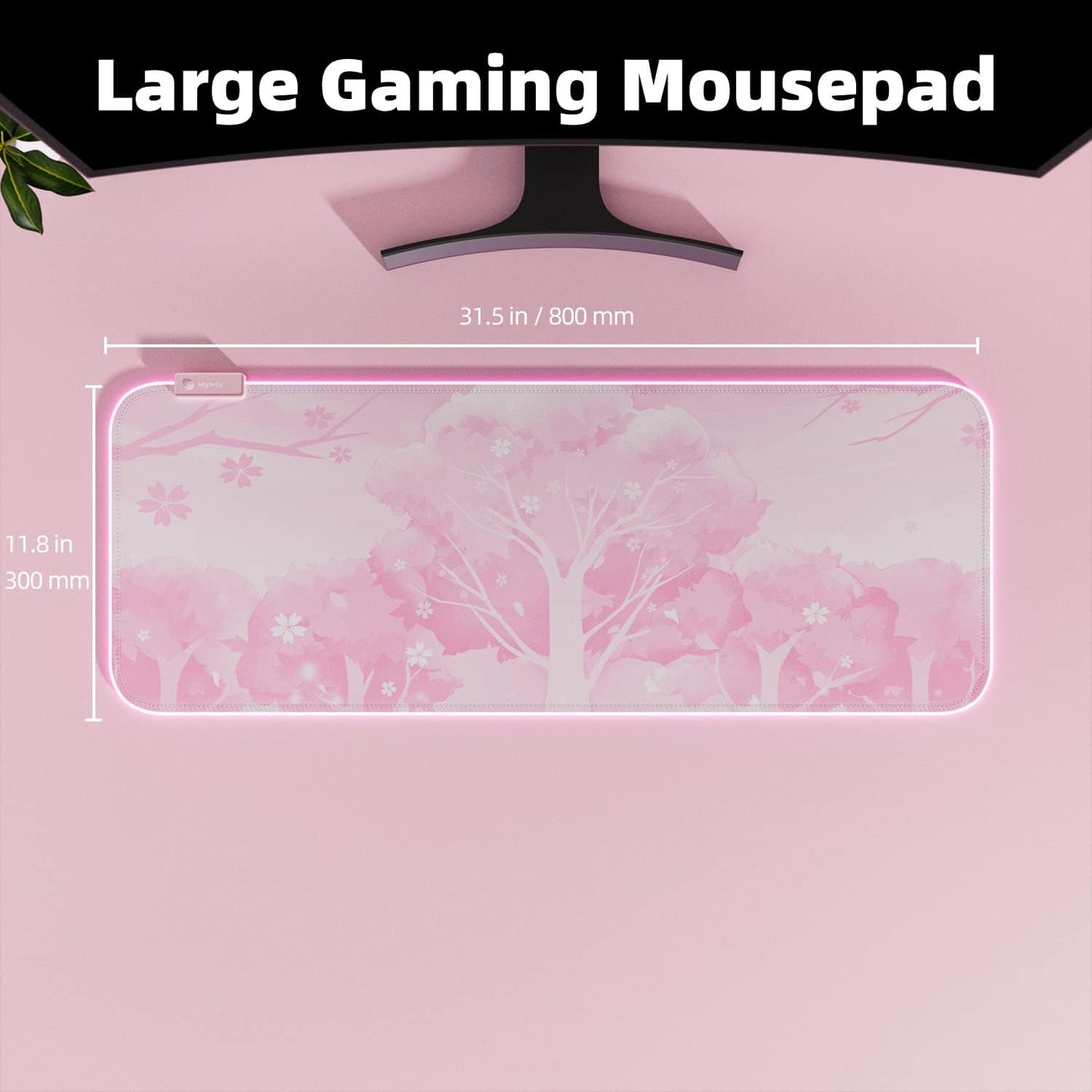 Pink RGB LED Gaming Mouse Pad, 14 Modes Glow Pad, Extra Large Gaming Mousepad,Waterproof Rubber Non Slip Cute Sakura Mat, Extended Big Keyboard and Mouse Pad Mat for Gamer Office Home, XXL 800×300×4mm