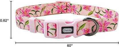 Dog Collar Leash Set, Floral Pattern, Polyester Material, Adjustable Collar and 5ft Matchcing Leash, for Large Dogs.(L, Pink Lily)