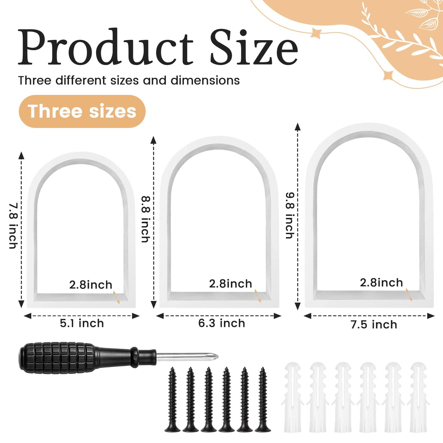 Threehoney 3 Set Wall Shelf 9.8 x 7.1 Inch Wooden Hanging Shelf Deep Display Storage Shelves Floating Shelves for Home Office Room Mini Figures Potted Plants Wall Decor(Arched,White)