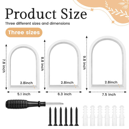Threehoney 3 Set Wall Shelf 9.8 x 7.1 Inch Wooden Hanging Shelf Deep Display Storage Shelves Floating Shelves for Home Office Room Mini Figures Potted Plants Wall Decor(Arched,White)
