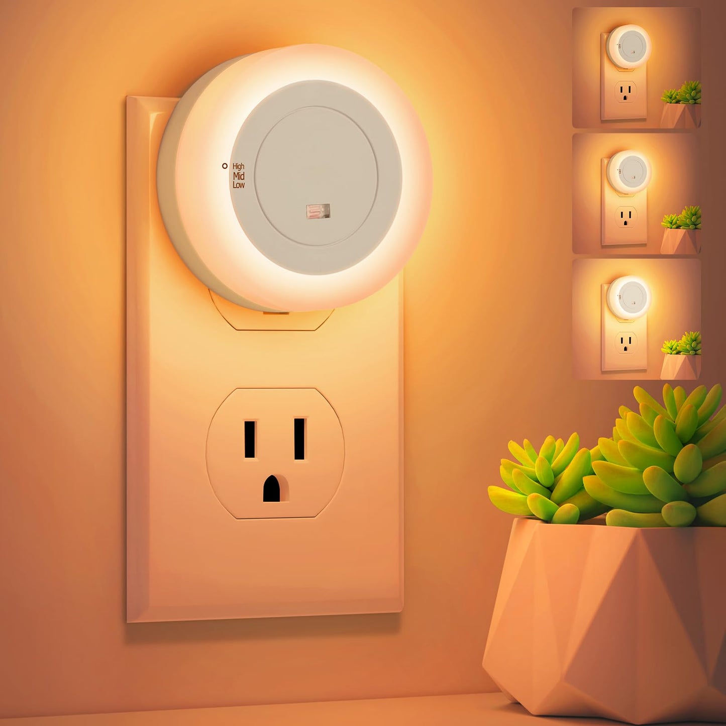 FOLKSMATE LED Night Lights Plug in, Dimmable Nightlight Plug Into Wall with Light Sensor, Soft White Adjustable for Adults, Bedroom, Bathroom, 2-Pack