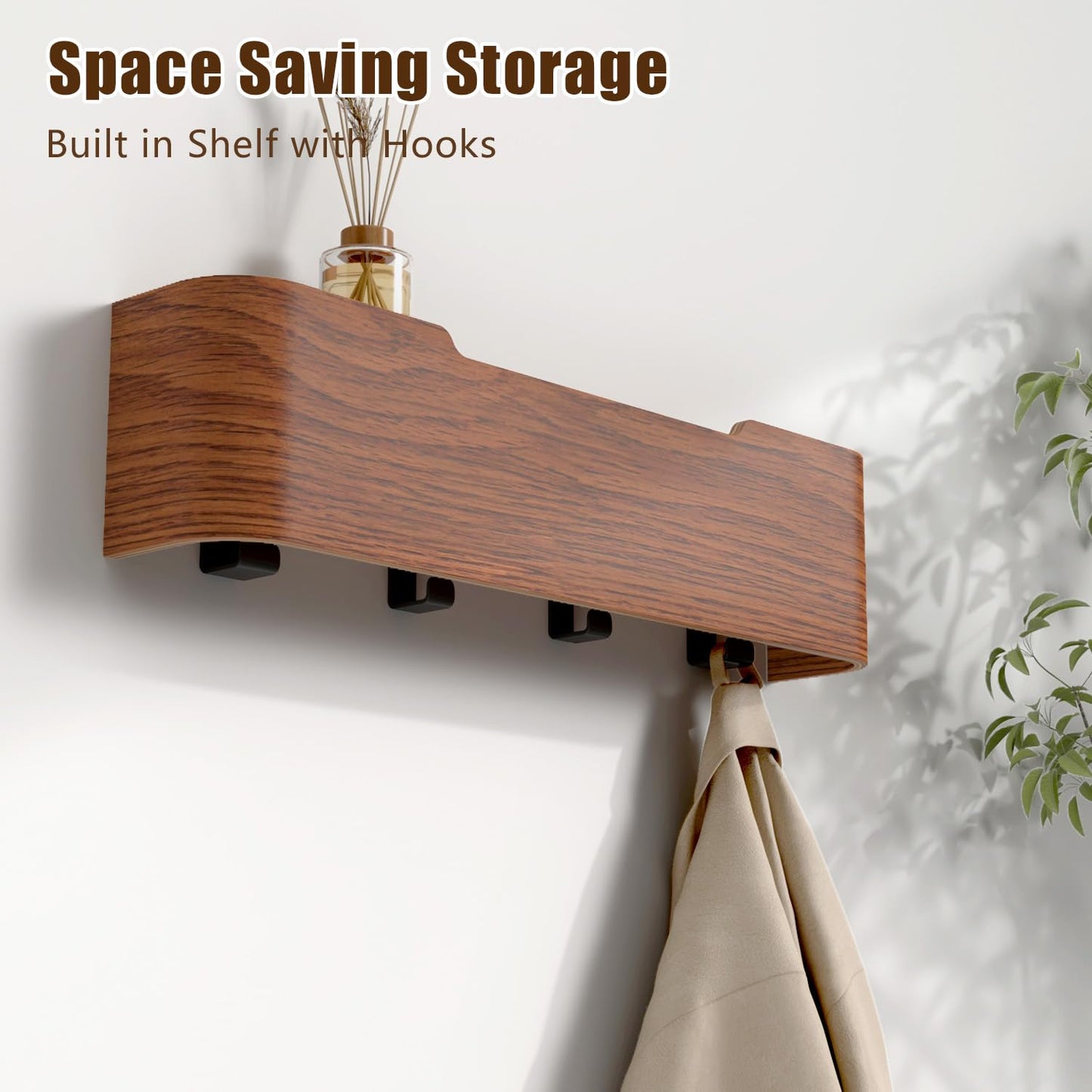 Nevsokio Coat Rack Wall Mount with Hidden Hooks, Wall Hooks with Shelf, Wall Key Holder Mount Wooden Shelf Entryway Hooks for Bedroom Bathroom for Hanging Coats Hats Bags Towels (Walnut, 4 Hooks)