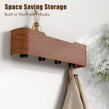 Nevsokio Coat Rack Wall Mount with Hidden Hooks, Wall Hooks with Shelf, Wall Key Holder Mount Wooden Shelf Entryway Hooks for Bedroom Bathroom for Hanging Coats Hats Bags Towels (Walnut, 4 Hooks)