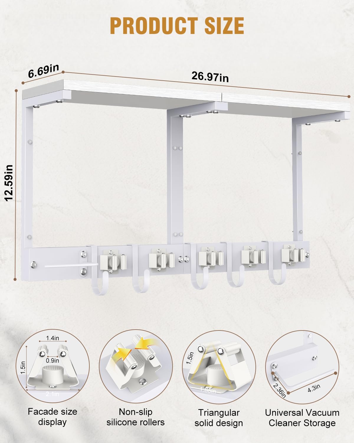 Broom Holder Wall Mount with Top Wooden Shelf, Heavy Duty Metal Cleaning Supplies Broom Hanger with Vacuum Organizer and 5 Slots & 5 Hooks for Laundry Garage Tool Storage Kitchen (Large, White)