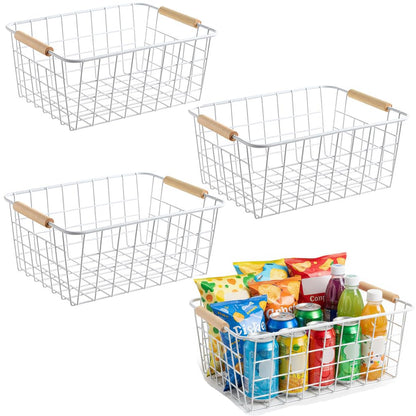 HDYOUDO White Metal Wire Food Storage Basket with Wooden Handles for Organizing Snack Basket,Pantry Organizers and Storage for Kitchen Cabinets 4 Pack (Medium)