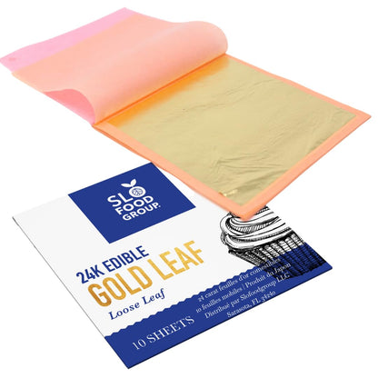 Slofoodgroup - 24 Karat Edible Gold Leaf Loose Sheets - 10 Sheets Gold Leaf Per Book - Gold Leaf Sheet Size 3.15in x 3.15in Loose Leaf Sheets - Edible Decoration, Crafting, Art and More