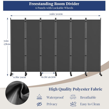 Kokorona 6 Panel Room Divider, 6FT Tall Rolling Privacy Screen with Lockable Wheels, Folding Wall Dividers Portable Room Divider for Room Separation, Included - Cover Strips, Grey, 119''W x 70''H