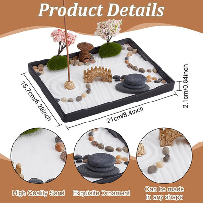 WEBEEDY Zen Garden Sand Kit DIY Japanese Zen Garden for Desk,8.3"x6.2" Mini Meditation Zen Tray Kit for Office Home Desktop Micro Landscape Decoration Meditation Zen Gifts,21x15.7 cm