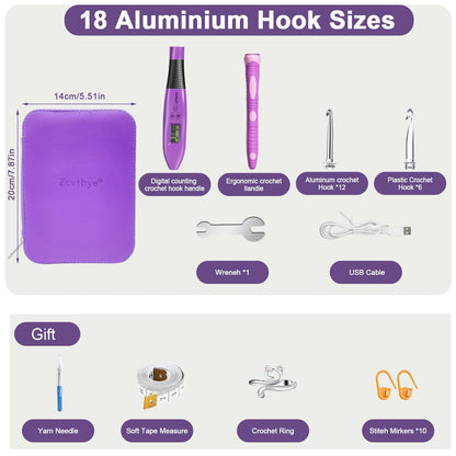 Counting Crochet Hook Set with Light & Counter -18 Size Light up Crochet Hooks - Ergonomic for Arthritic Hands, Digital Stitch & Row Counter - Interchangeable Hooks Kit - Perfect Gift