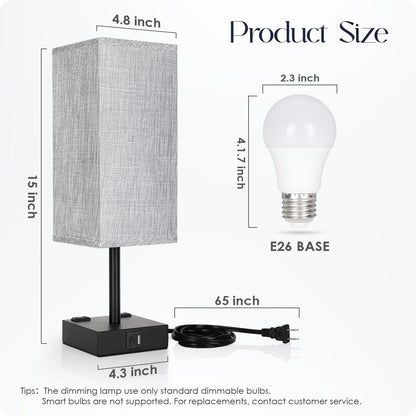 Bedside Table Lamps Set of 2 - Touch Nightstand Lamp for Bedroom with USB C+A Charging Ports & AC Outlets, 3-Way Dimmable Desk Lamp Grey Fabric Shade for Bedroom Living Room, Office(Bulb Included)