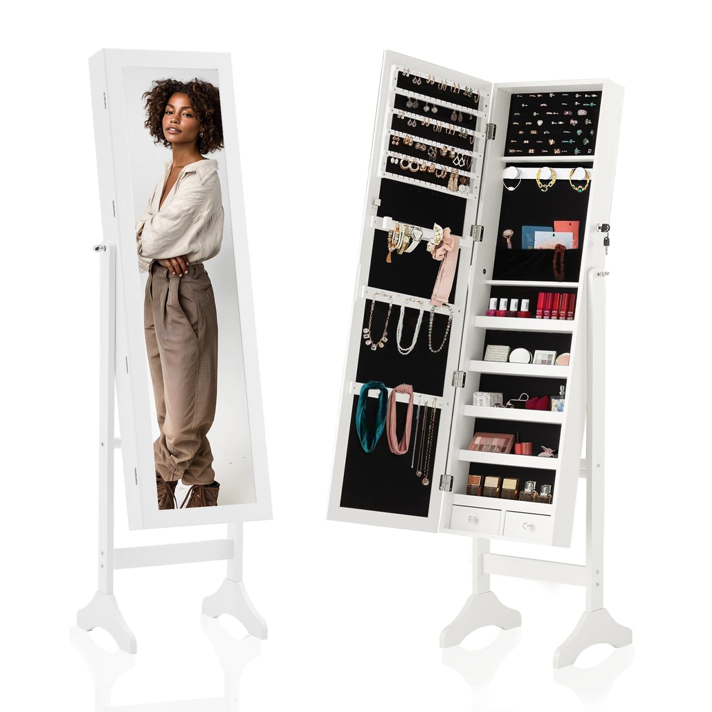 HAPPYMONT Freestanding Jewelry Armoire Cabinet with Full Length Mirror, 47.3" Tall Lockable Jewelry Cabinet, Large Capacity Makeup Organizer with Velvet Lining, 3 Adjustable Angles, Brown