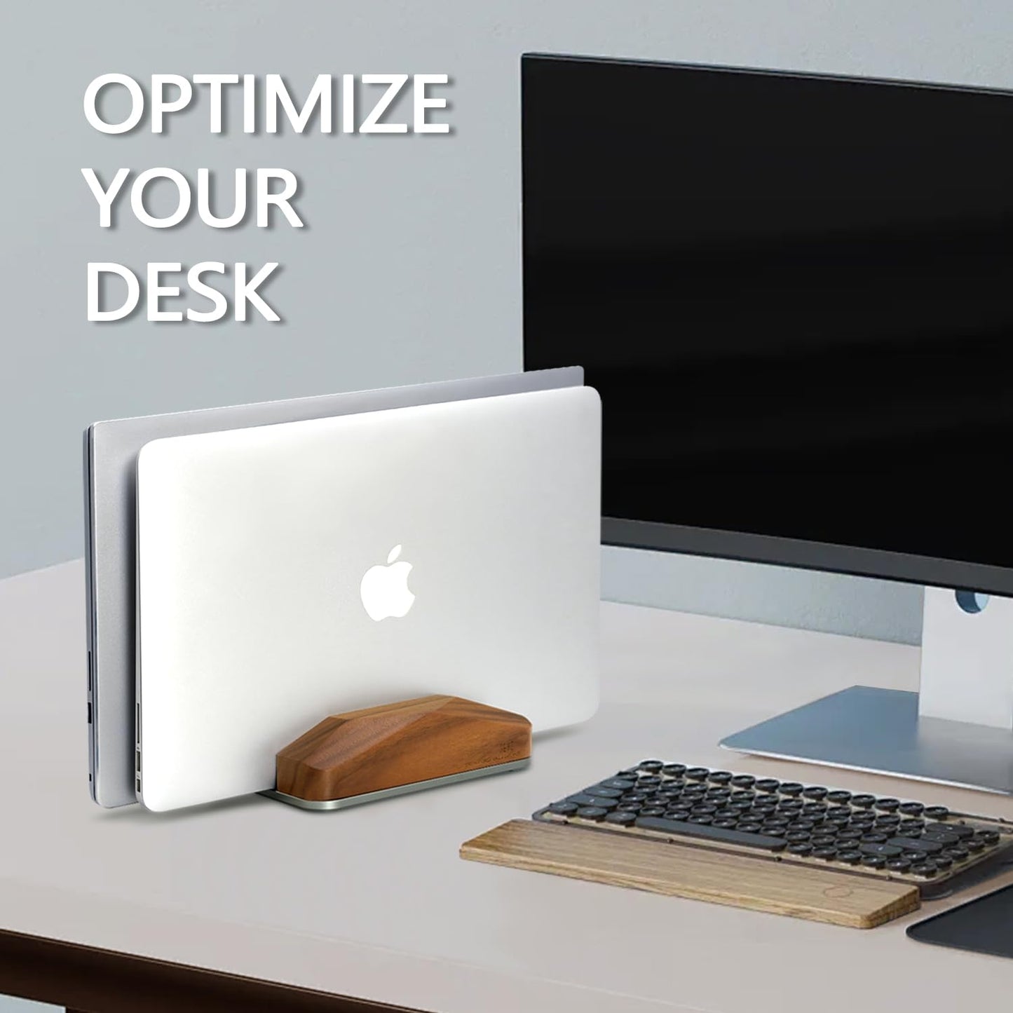 GEVO Dual Laptop Holder Vertical Laptop Stand, Natural Wood, Adjustable Dock, Wooden Laptop Stand, Vertical Laptop Holder for Desk, Widen Dock Fits All MacBook/Surface Pro 2 Devices (Black Walnut)