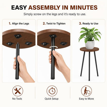 SAKSUN 2 Pack Plant Stand Set: Small Round Plants Stand Indoor Wood Grain Plant Tables with Metal Legs - Indoor Outdoor Plant Stands for Living Room, Bedroom, Patio, Balcony, Brown, 150 lbs Capacity