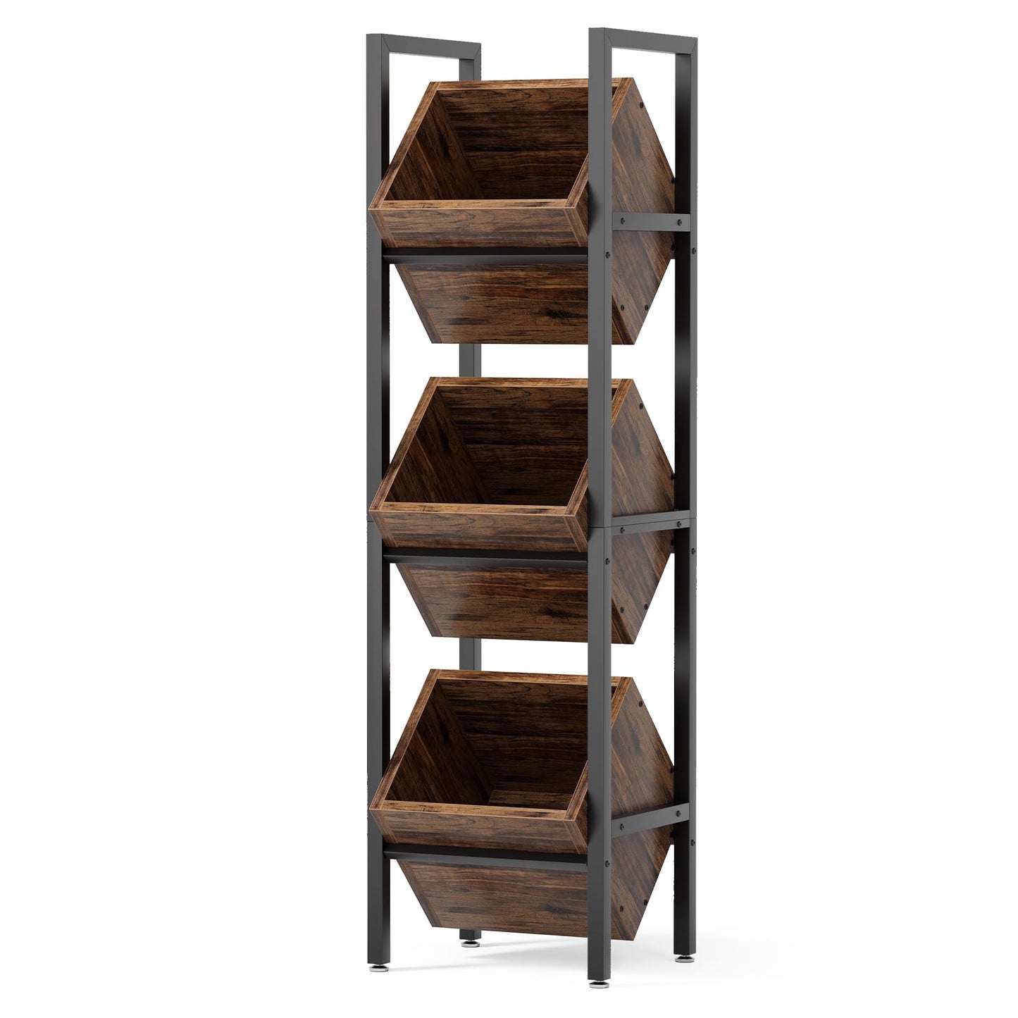 LITTLE TREE 3-Tier Basket Stand, Wooden Floor Stand Shelving Unit, Standing Organizer Storage Rack for Kitchen, Bathroom, Living Room (Rustic)