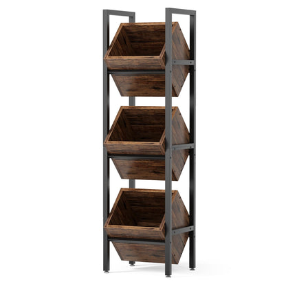 LITTLE TREE 3-Tier Basket Stand, Wooden Floor Stand Shelving Unit, Standing Organizer Storage Rack for Kitchen, Bathroom, Living Room (Rustic)