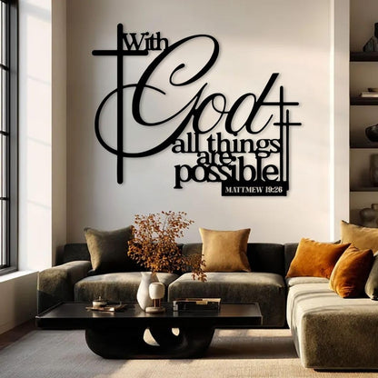 Maclou With God All Things Are Possible Wall Decor, Metal Scripture Wall Art, Metal Bible Verse Wall Art for Living Room, Bedroom, Church (Gold,47"x39" / 120x99cm)