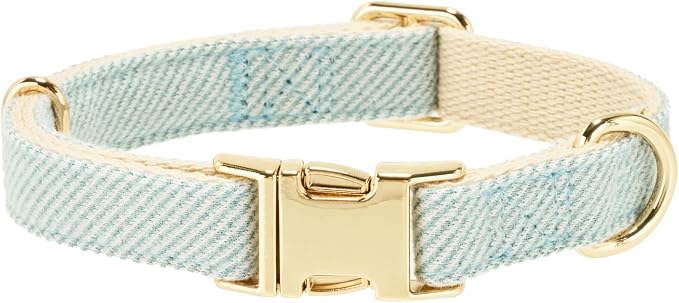 Luxury Soft Cotton Tweed Fabric Dog Collar & Leash Set with Gold Buckle – Durable Fabric, Stylish Design for Everyday Walks(Small LtBlue)