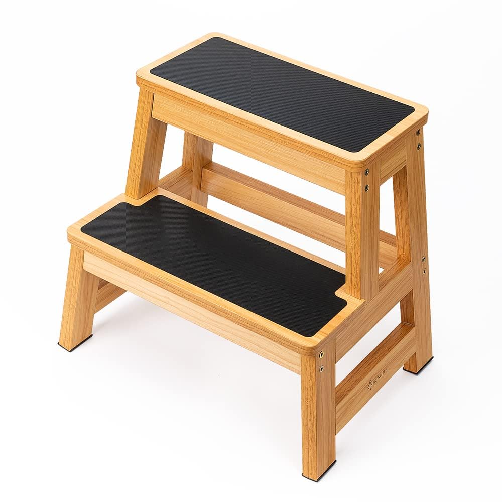 StrongTek Wood Step Stool, 17" Tall Two-Step Design for Adults & Kids, Heavy-Duty 500 lbs Capacity with Non-Slip Steps, Ideal for Kitchen, Bedside & Bathroom Use