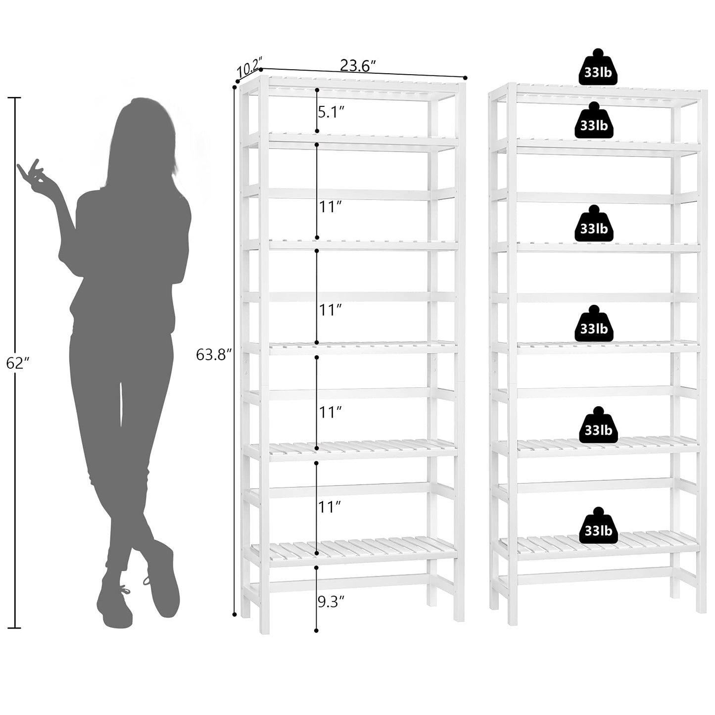 Homykic 6-Tier Bamboo Bookshelves and Bookcases, Adjustable 63.4”Tall Shallow Book Shelf Organizer Rack, Freestanding Storage Shelving Unit for Living Room, Kitchen, Bathroom, Office, White