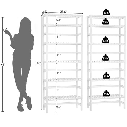 Homykic 6-Tier Bamboo Bookshelves and Bookcases, Adjustable 63.4”Tall Shallow Book Shelf Organizer Rack, Freestanding Storage Shelving Unit for Living Room, Kitchen, Bathroom, Office, White