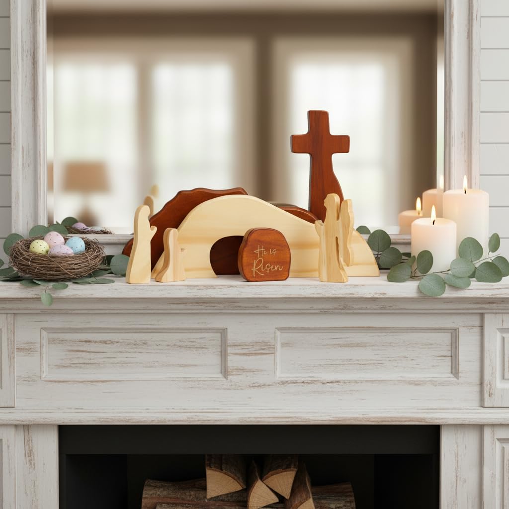 He is Risen Easter Decor – Wooden Resurrection Scene with Empty Tomb, Cross & Figurines, Christian Religious Tabletop Decoration for Home, Faith Easter Gift, Easter Basket Stuffer