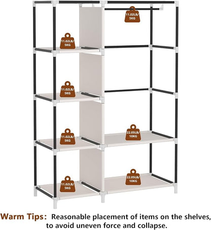 Calmootey Portable Closet Organizers, Clothing Storage, Wardrobe with 6 Shelves and Hanging Rod, Non-Woven Fabric Cover with 4 Side Pockets, Brown