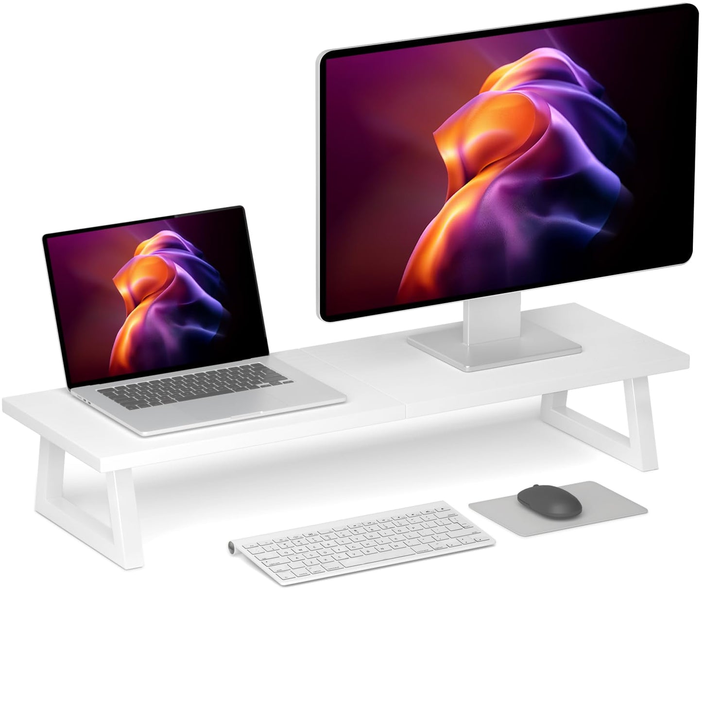 TEAMIX White Dual Monitor Riser - 31.5 inch Wide TV Stand for 2 Monitors - Wood & Steel Desktop Riser for Dual Screen Office Desk Organization