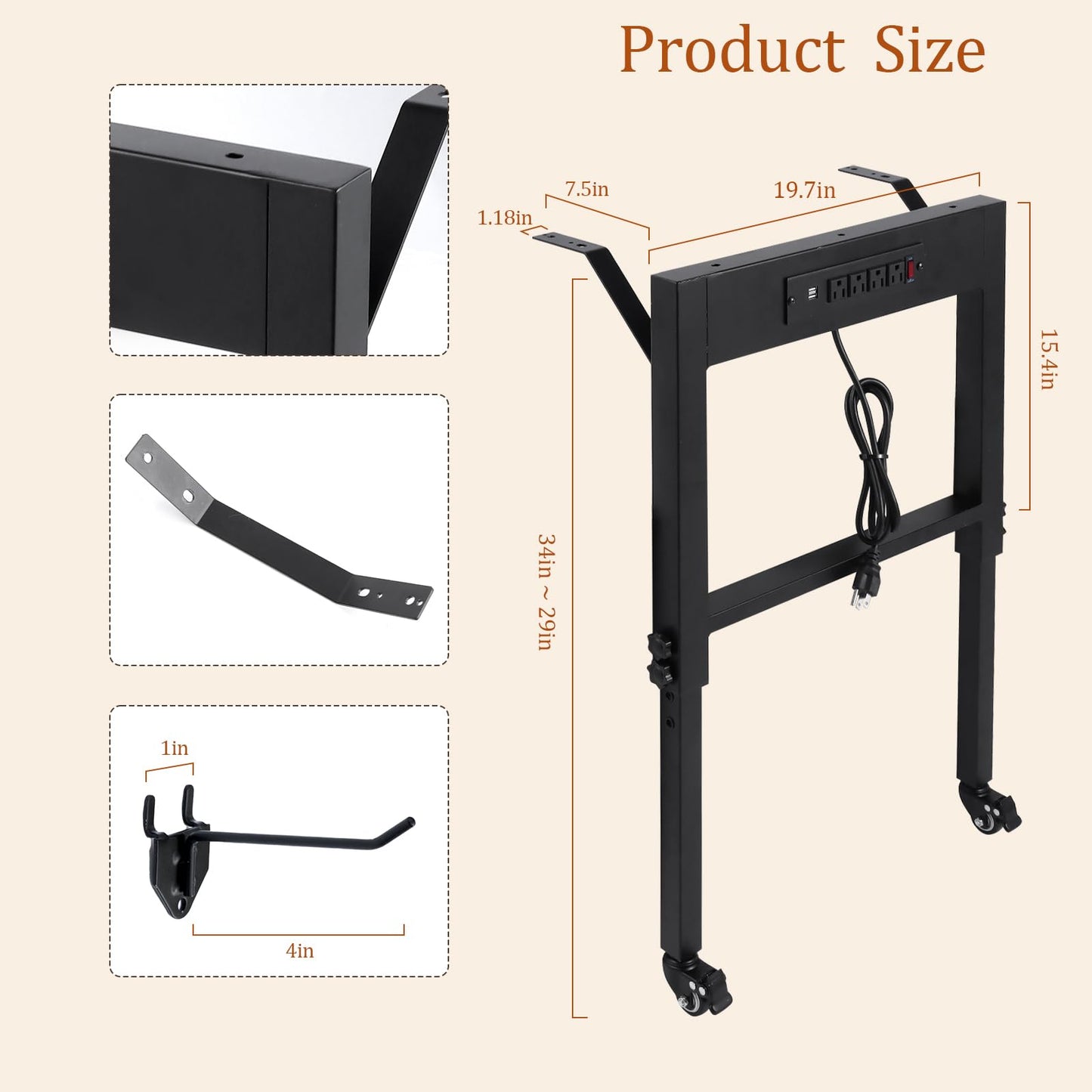 Adjustable Height Workbench Legs with 4 Metal Wheels, Sturdy Industrial Furniture Table Legs with one Pegboard Panel, Perfect for Rolling Work Table and Work Bench