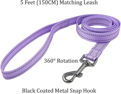 Dog Collar Leash Set, Durable Polyester with Reflective Strips, 5ft Matching Leash, Adjustable 4 Sizes for Small Medium Large Dogs.(S, Purple)