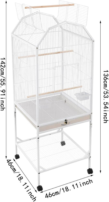 Birdcage Open Top 54 Inch Birdcages with Pull-Out Tray, Rolling Bird Cages with Wheels for Parakeets, Parrot, Cockatiel, Pigeon, Finch Cage(White)
