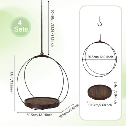 peacoblue 4 Pack Hanging Planters for Indoor Plant Hanger with Sturdy Round Wood Base, Black Metal and Hanging Potted Plant Holders for Wall Ceiling Window Planter Display(Plants/Pots Not Included)