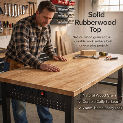 VUWIF 48" Workbench with Wheels, Adjustable Height Work Bench with Rubberwood Top, Built-in Power Outlet with 4 AC Outlets and 2 USB Ports, 2000 LBS Capacity for Garage, Workshop and Home