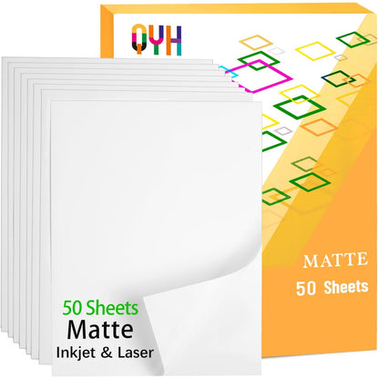 QYH Printable Vinyl Sticker Paper for Inkjet & Laser Printer - Matte White Waterproof, 50 Sheets Vivid Colors, Compatible with Cricut, Silhouette, Ideal for Small Business & DIY- 8.5"x11"
