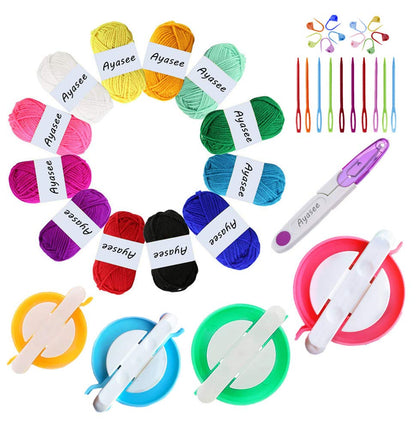 Ayasee Pom pom Maker Yarn kit, 4PS Pompom Maker+12PS Acrylic Yarn+10PS Knitting Stitch Markers+10PS Plastic Needles+1PS Scissors(37c)