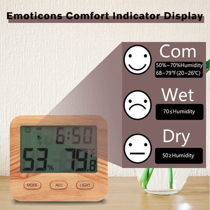 Digital Hygrometer Indoor Thermometer, Temperature Humidity Gauge with Desk Clocks for Bedroom Office,Backlit Accurate Monitor Clear Reading,Time Display Room Thermometer for Home Greenhouse Wooden