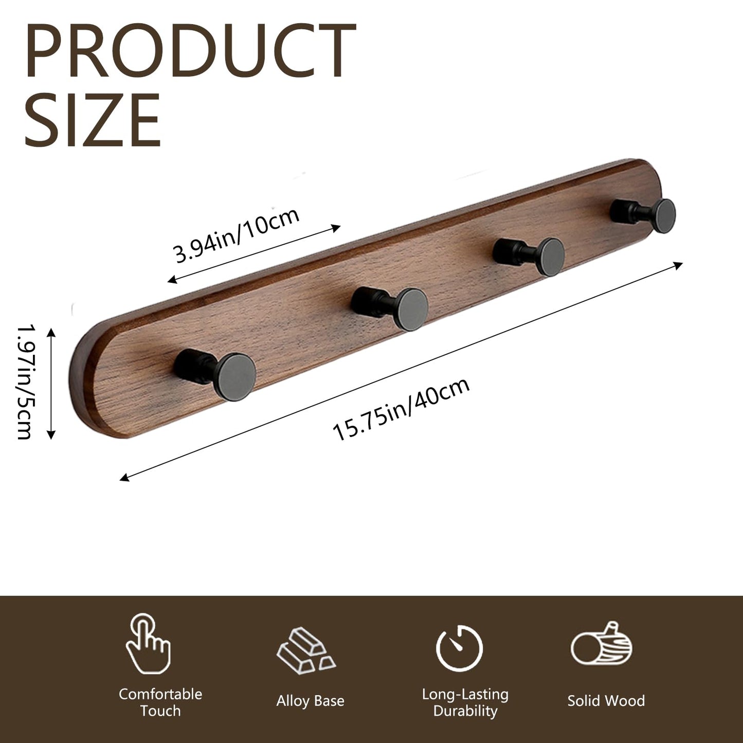 Beciway 15.7 Inch Walnut Wood Wall Mounted Coat Rack with 4 Black Hooks – Modern Wooden Hook Rail for Entryway, Bathroom, Bedroom, Kitchen – Wall Hook for Coats, Hats, Bags, Keys, Towels, Jackets