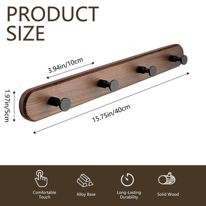 Beciway 15.7 Inch Walnut Wood Wall Mounted Coat Rack with 4 Black Hooks – Modern Wooden Hook Rail for Entryway, Bathroom, Bedroom, Kitchen – Wall Hook for Coats, Hats, Bags, Keys, Towels, Jackets