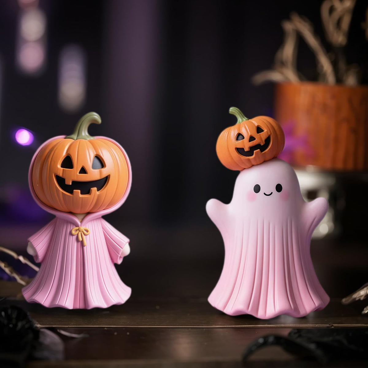 Lummitwit Pink Halloween Ghost Decoration, Cute Pink Ghost Figurine, Halloween Resin Figurine, Cute Pumpkin Ghost Indoor Dining Table, Mantel, Shelf Decoration Craft Pumpkin Gift (Pumpkin Face)