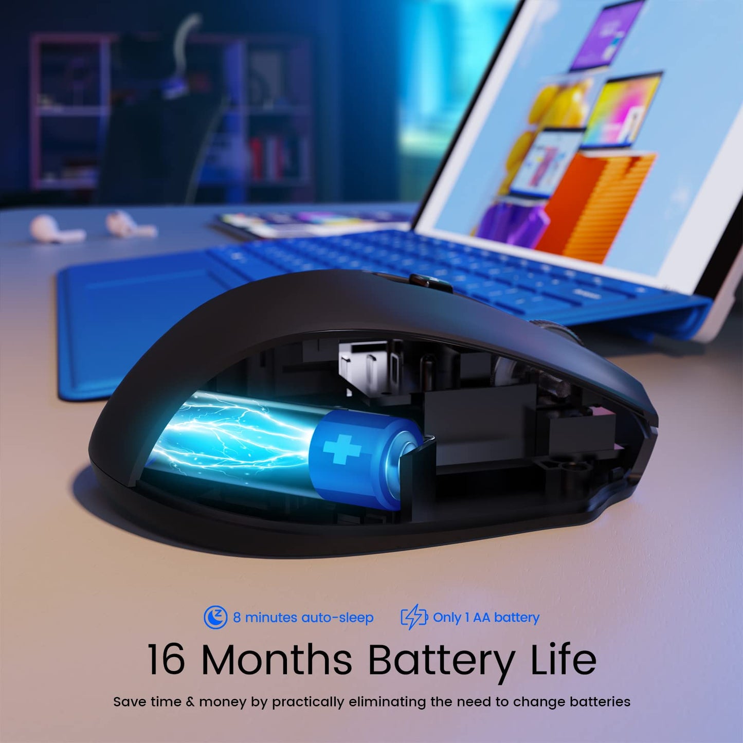 Wireless Mouse, D-09 Computer Mouse USB Cordless Mice for Laptop, Ergo Grips, Lightspeed 5-Level 2400 DPI, 16 Months Battery, Portable for PC Mac Chromebook (Black)