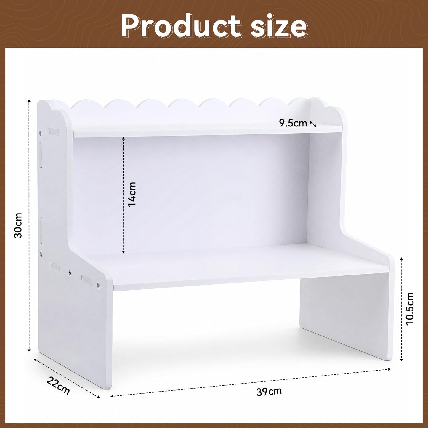 Amyhill Wooden Office Desktop Storage, 2-Tier Scalloped Tabletop Organizer Shelf for Cosmetics, Stationery, Office Supplies, Space-Saving Display Rack for Bedroom, Dorm