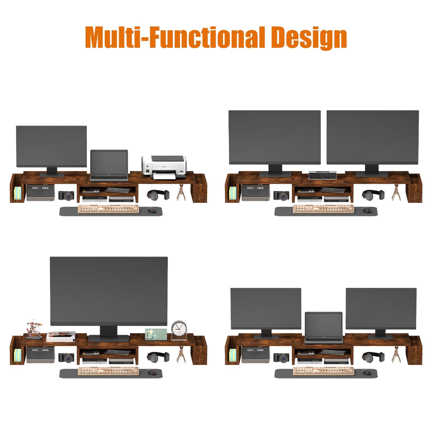 Wood Dual Monitor Stand Riser, Desk Organizers and Accessories with Storage Pen Holders, Adjustable Length and Angle 3 Shelf Extra Long 46" Desktop Organizer for 2 Monitors, Computer, Laptop, TV,Rustic Brown (Triple)