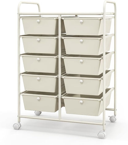 Giantex 10 Drawers Rolling Cart, Classroom Organizers, Storage Cart with Wheels, for Teacher Office Home School Supplies Tool Craft Art Paper, Ivory Color