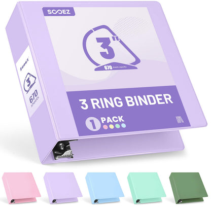 Sooez BinderX Extra Durable 3 Inch 3 Ring Binder, D-Ring Large Binders, Holds 670 Sheets of 8.5x11 Paper, Customizable View Cover with 2 Inside Pockets, School & Office Supplies, Lavender